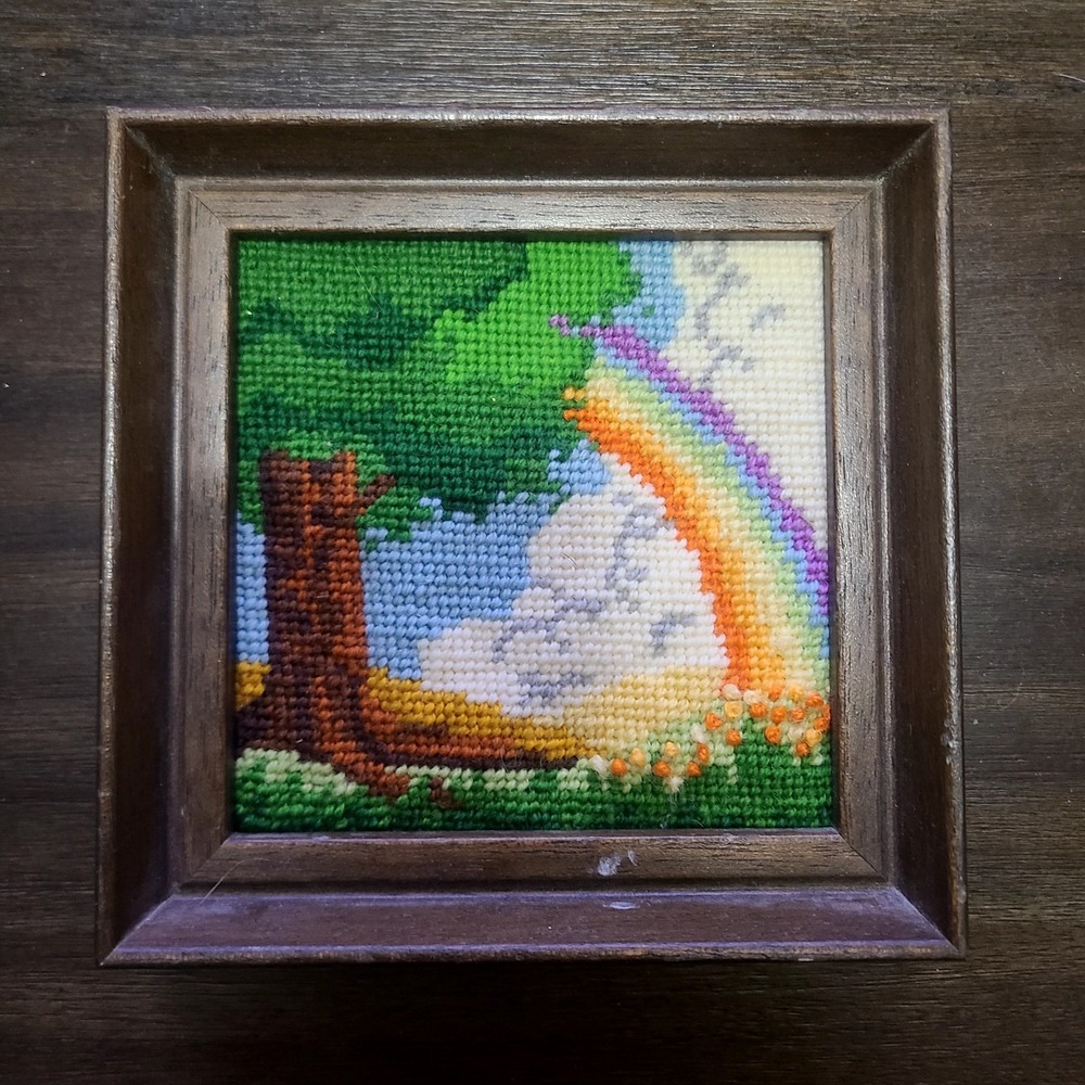 Vintage 70s Sunset Designs Completed Tree Rainbow Small Needlepoint Framed
